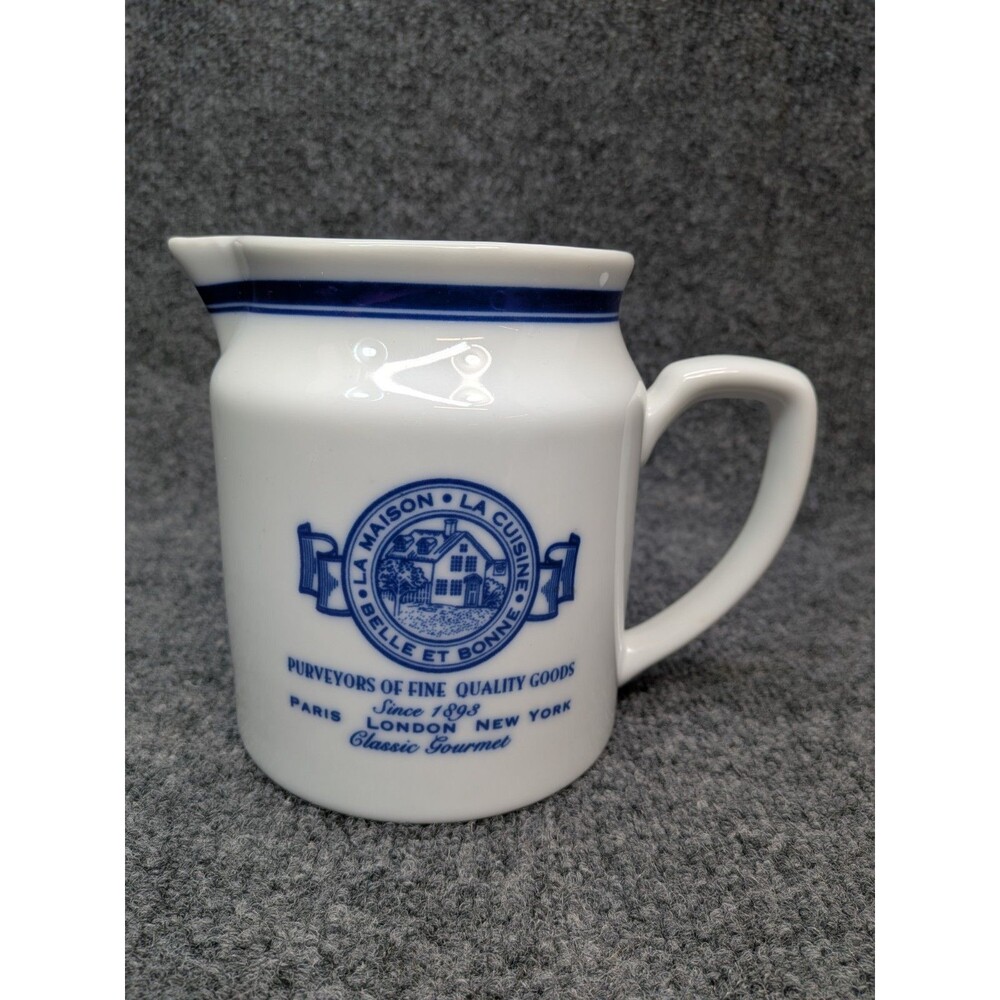 Vintage La Maison Roshco Porcelain 3 Cup Measuring Pitcher Blue White Country...